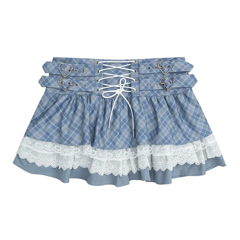 Striped Raglan Angel Graphic Long Sleeve Tee & Blue Plaid Lace Ruffle Skirt