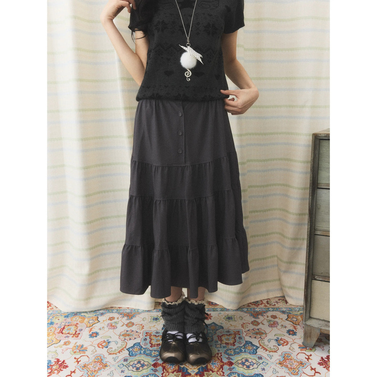 Charcoal Tiered Button Midi Skirt