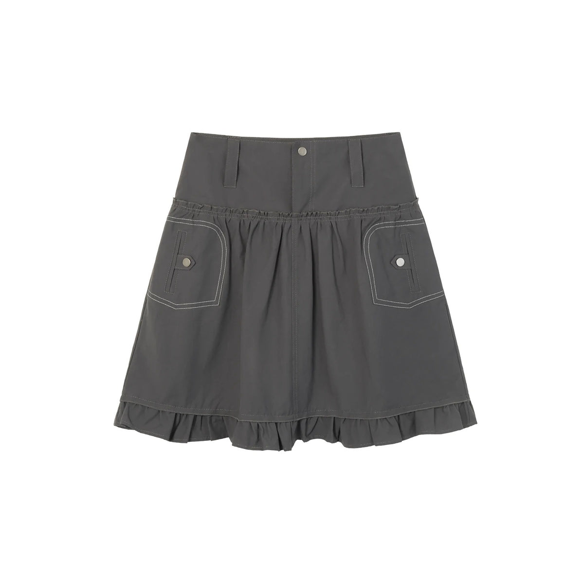Contrast-Stitch Ruffle-Hem Utility Mini Skirt