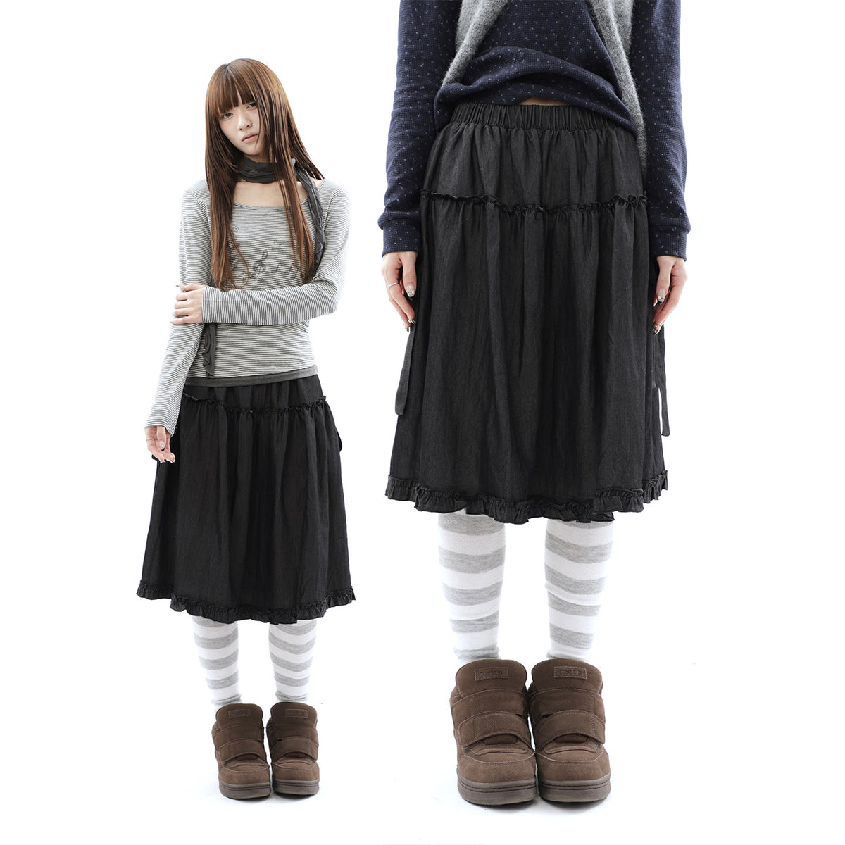Washed Black Ruffle-Tiered Denim Midi Skirt