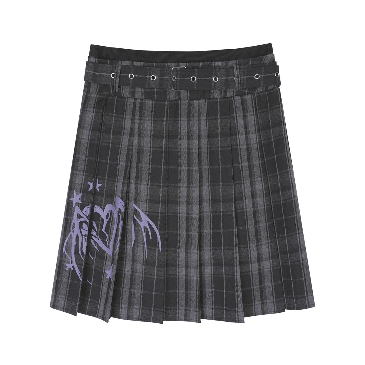 Double-Waist Graphic Plaid Pleated Midi Skirt