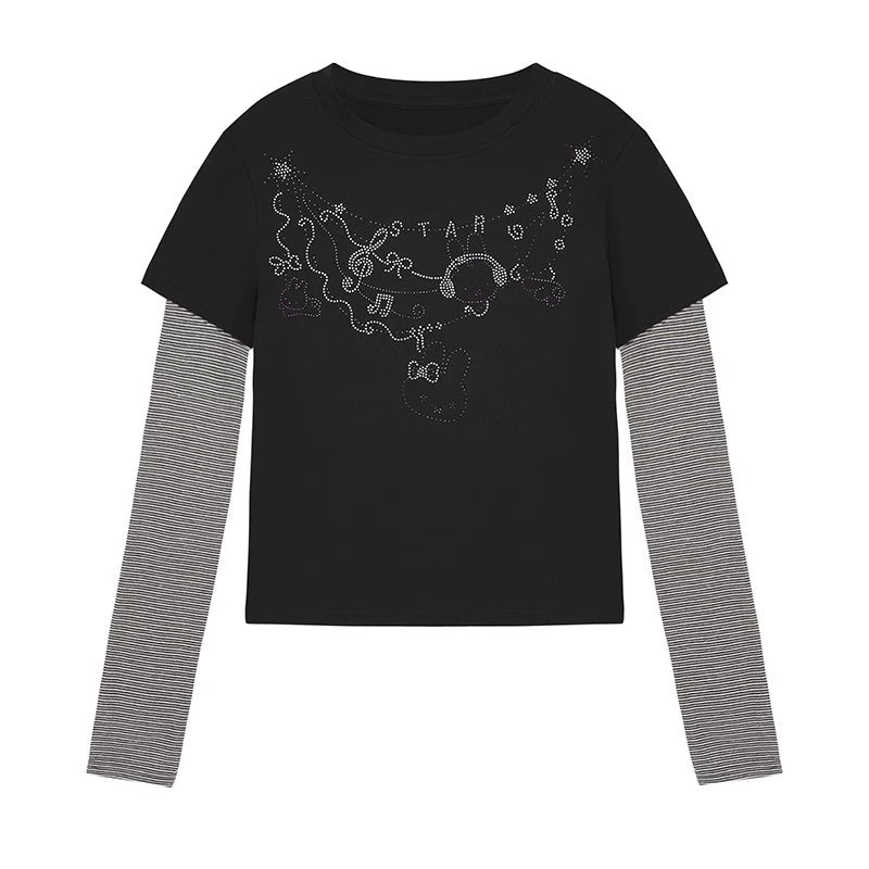 Rhinestone Graphic Faux-Layered Long Sleeve Top