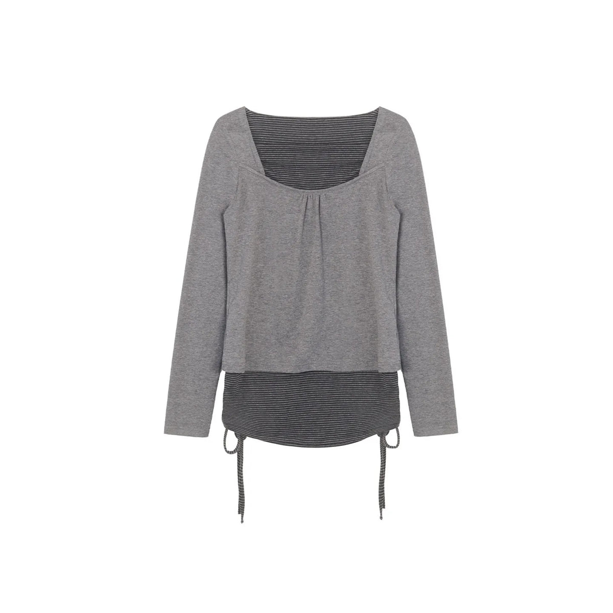 Striped Square-Neck Faux-Layer Drawstring Long Sleeve Top