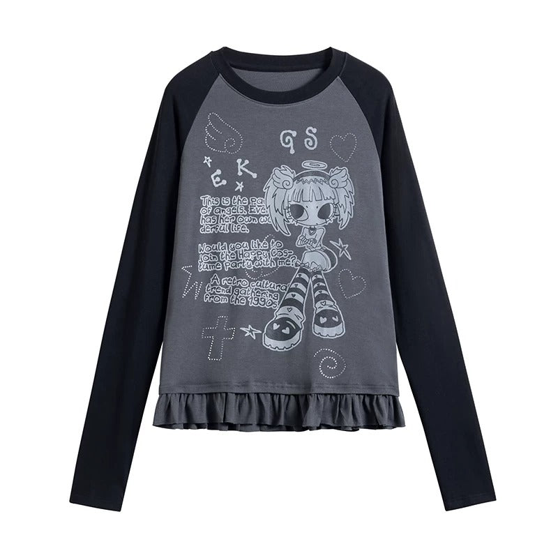 Angel Girl Graphic Raglan Ruffle Long Sleeve Top
