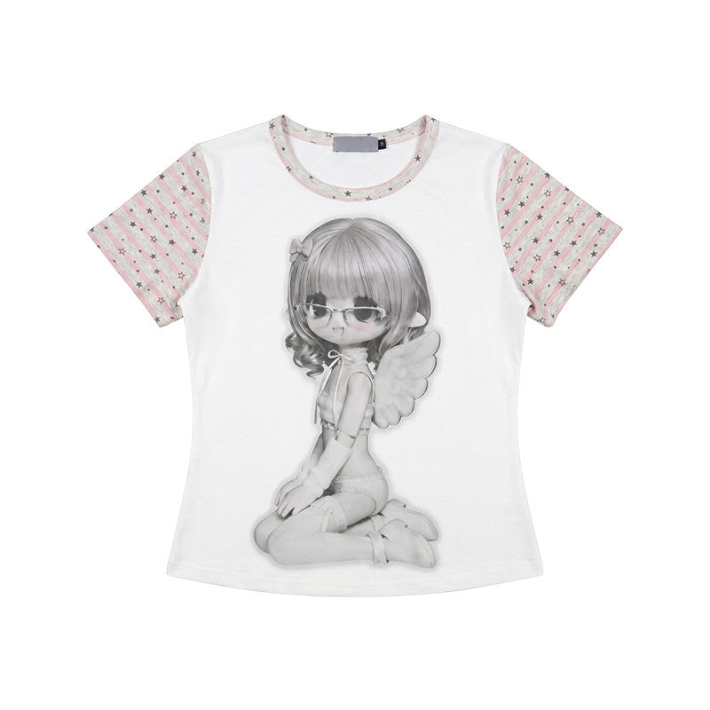 Angel Girl Contrast-Sleeve Graphic Tee