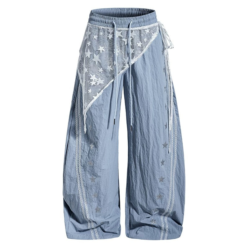 Star Lace Overlay Wide-Leg Parachute Pants