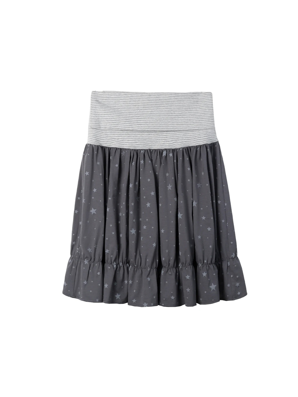 Star Print Striped-Waist Ruffle Midi Skirt