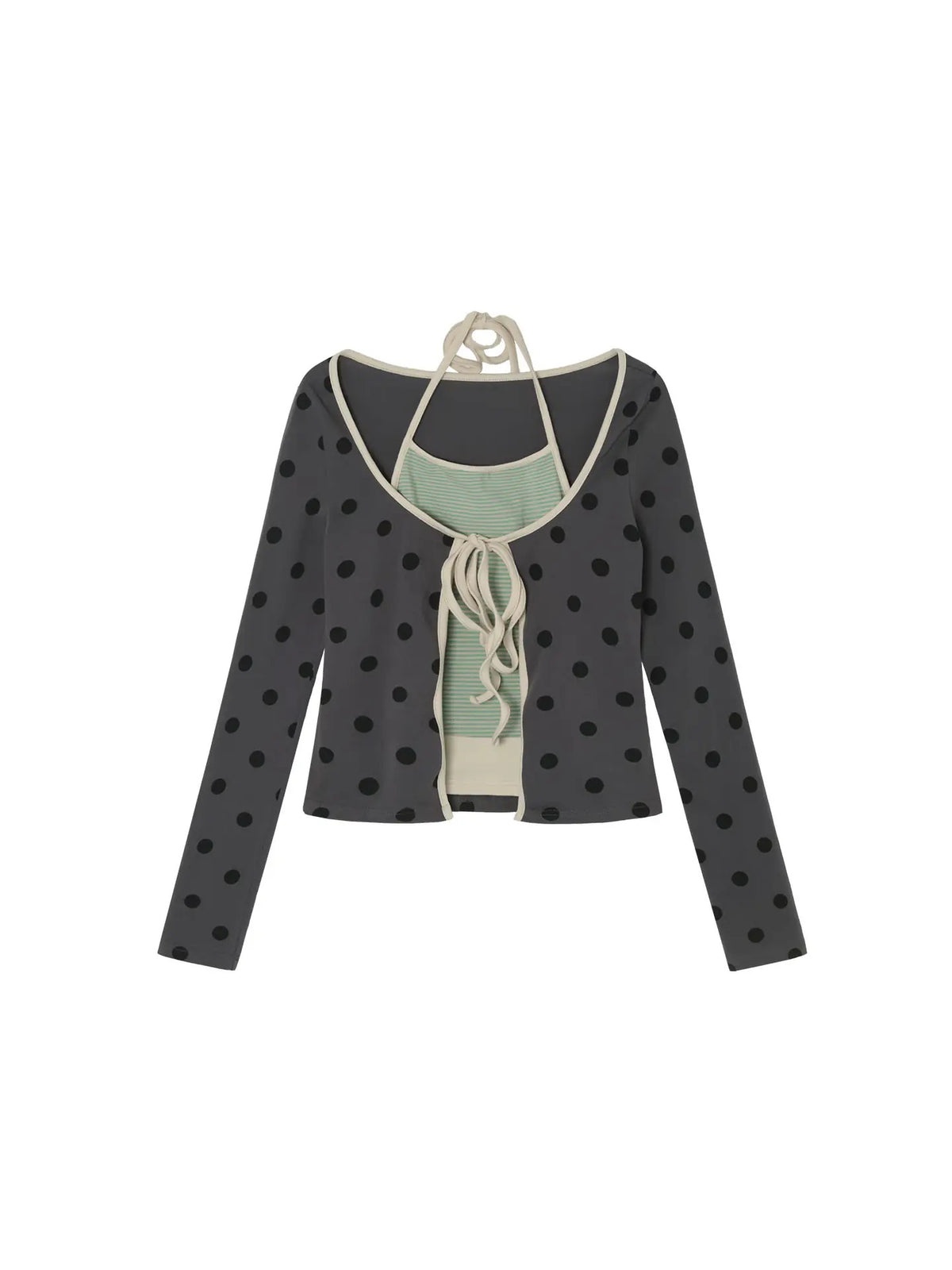Polka Dot Tie-Front Layered Halter Long Sleeve Top