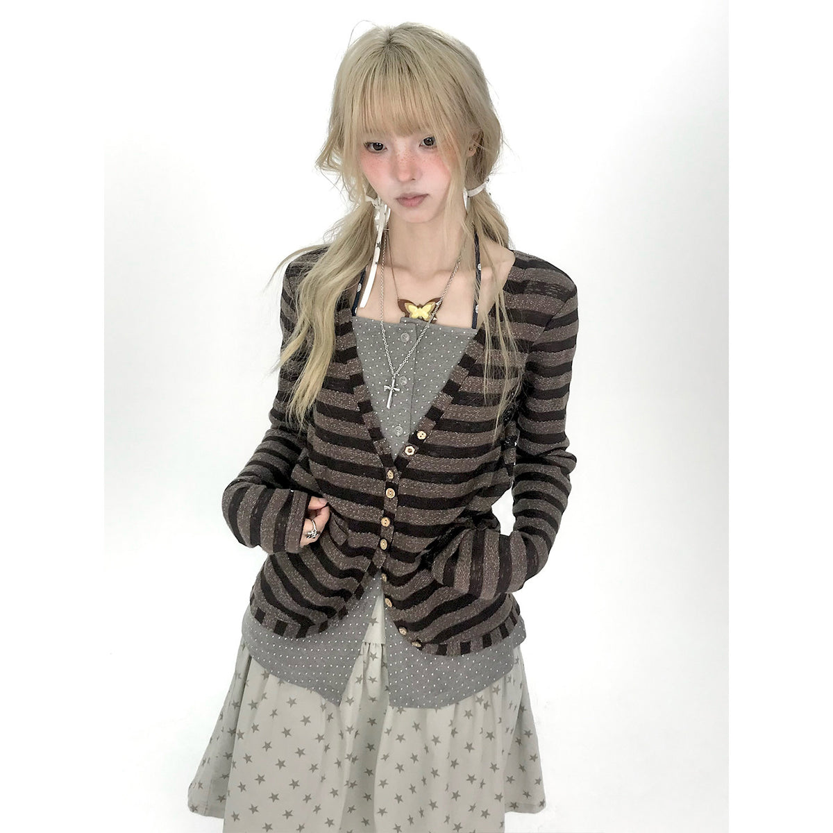 Striped Polka Dot Faux-Layered Button Long Sleeve Top