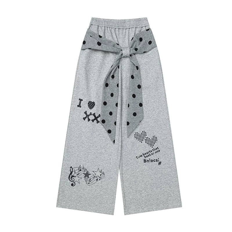 Music Note Star Layered Hoodie Top & Polka Dot Tie-Waist Wide-Leg Pants