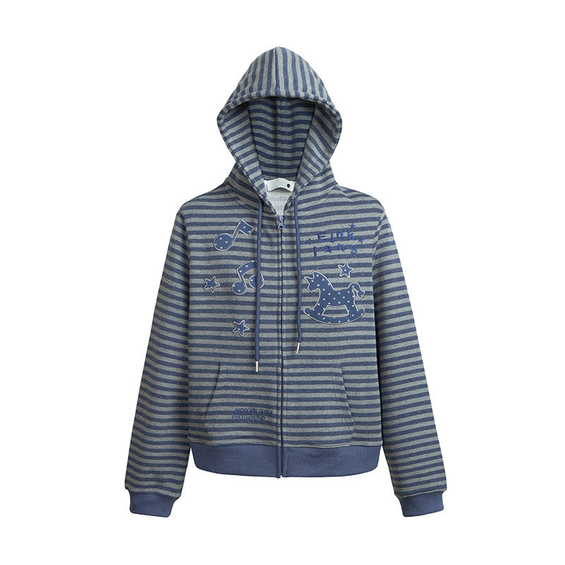 Rocking Horse & Music Appliqué Striped Zip Hoodie