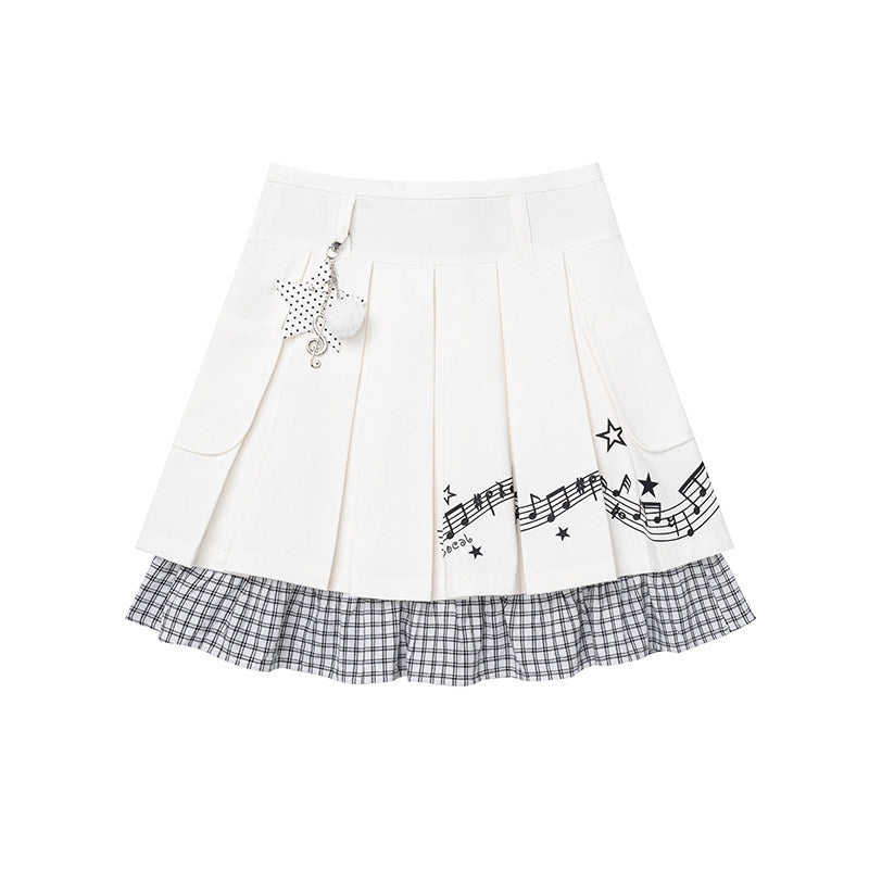 Music Note Star Pleated Skirt with Plaid Hem
