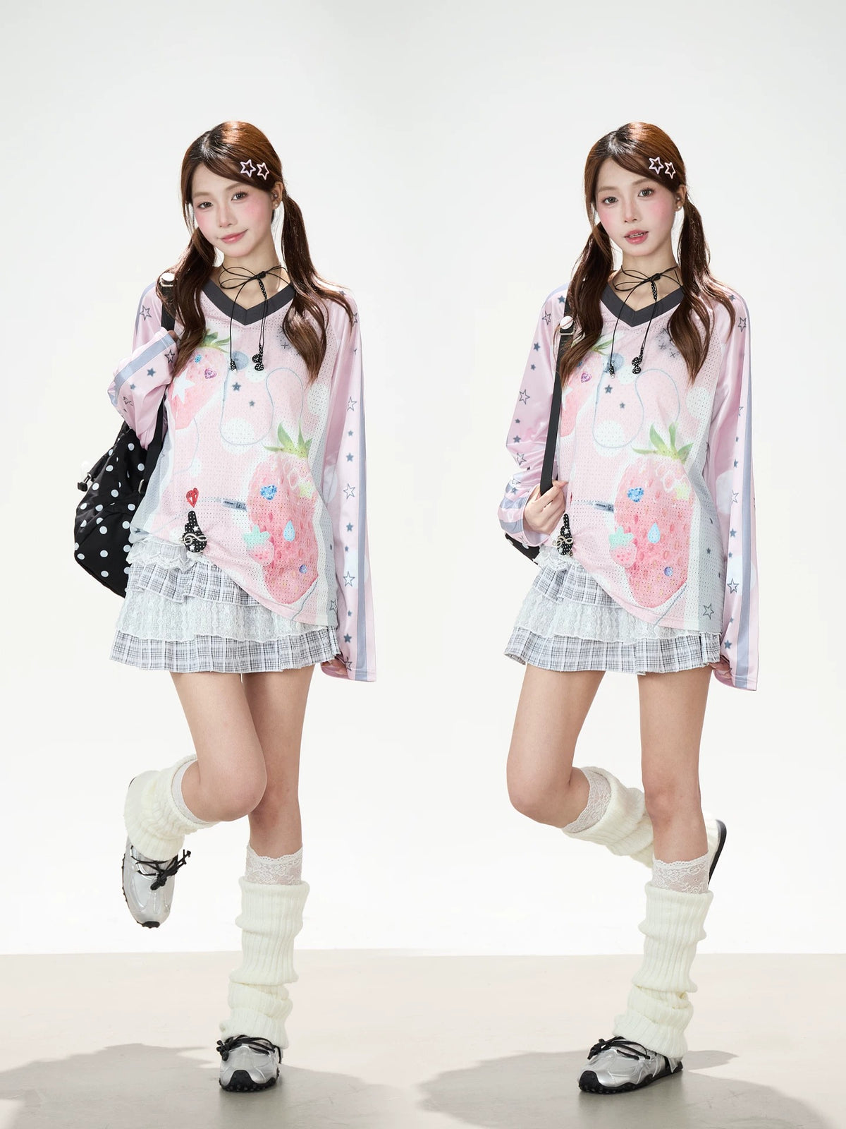 Strawberry Star Mesh V-Neck Long Sleeve Jersey Top
