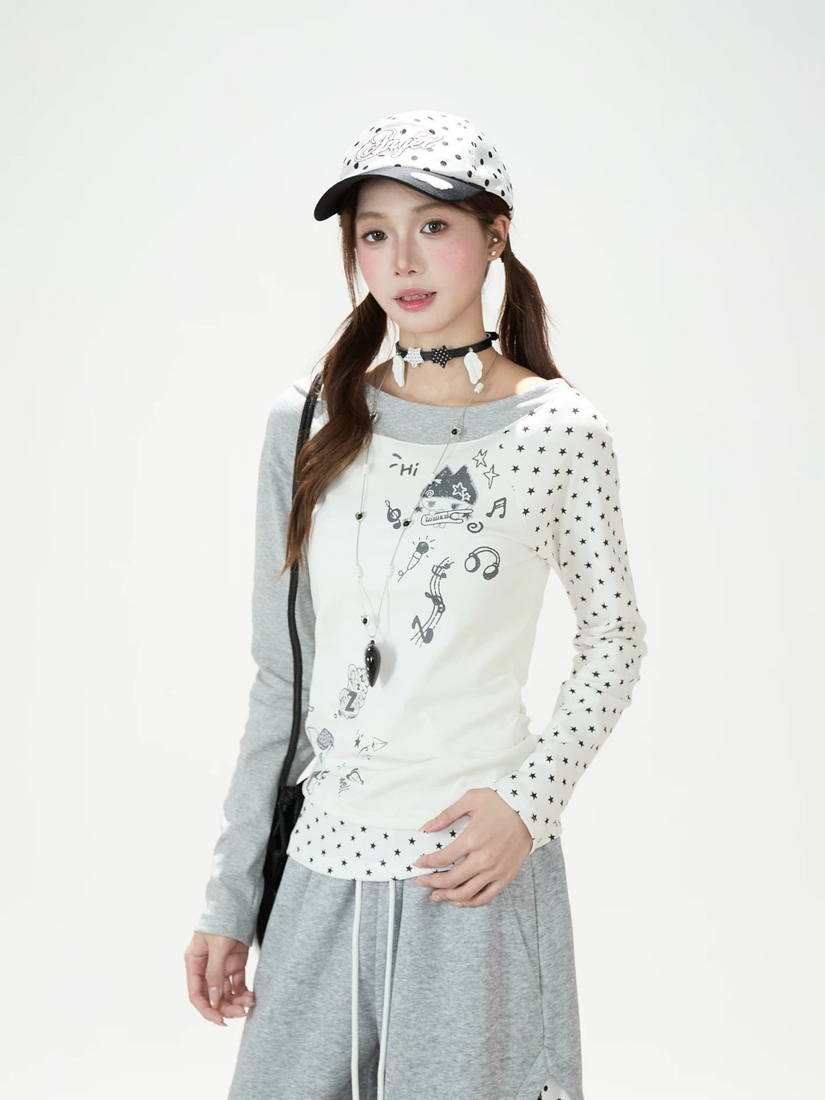 Cartoon Star Off-Shoulder Long Sleeve Top & Star Patch Wide-Leg Pants