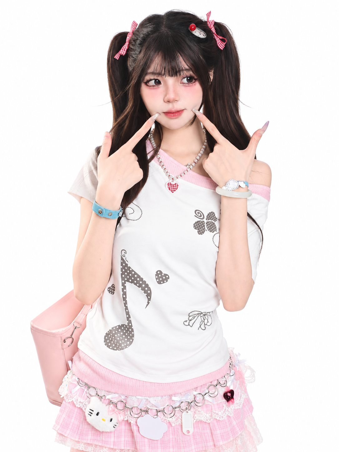 Music Note Faux-Layered Off-Shoulder Fitted Tee