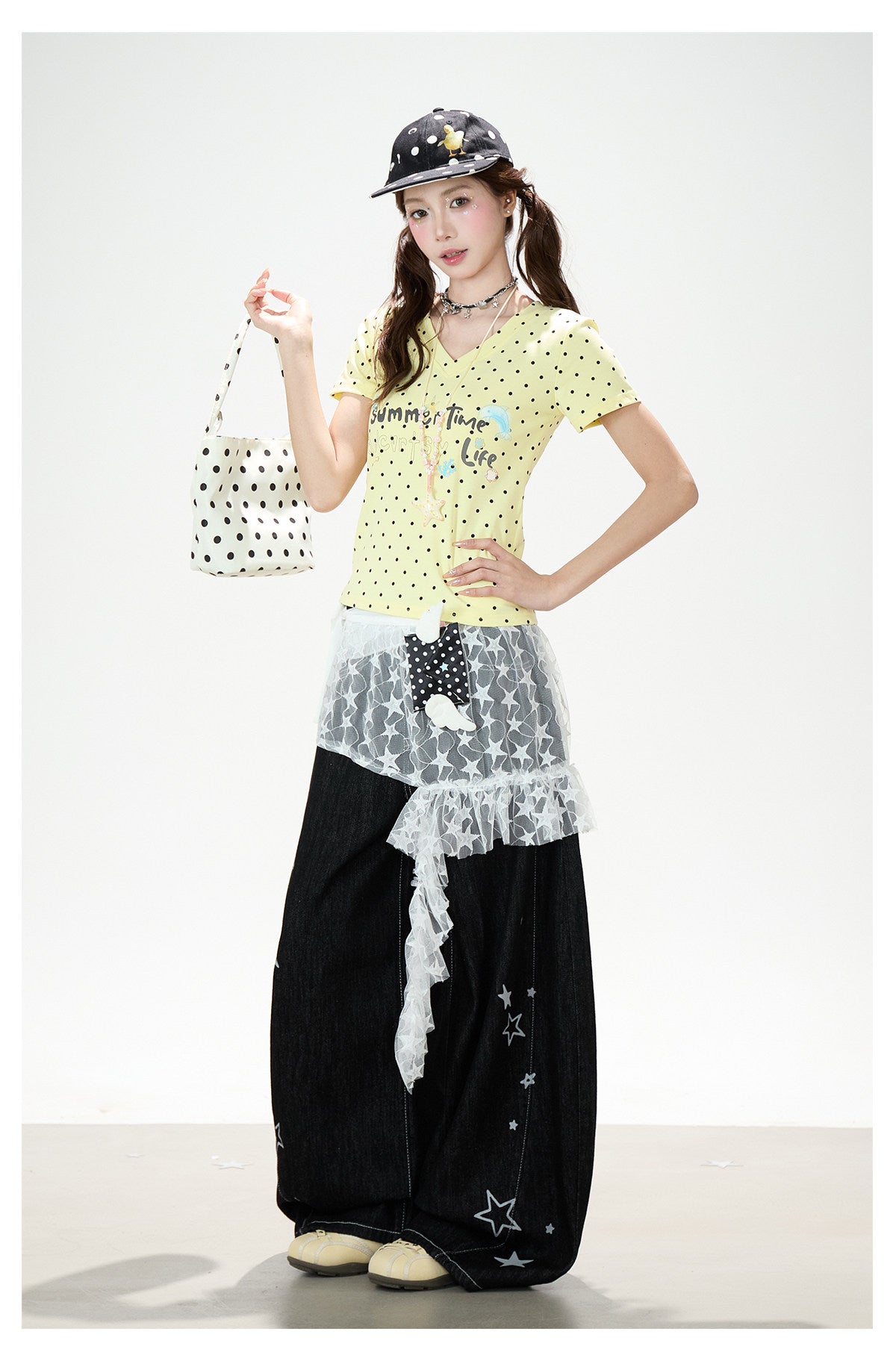 Star Print Lace Layered Wide-Leg Jeans