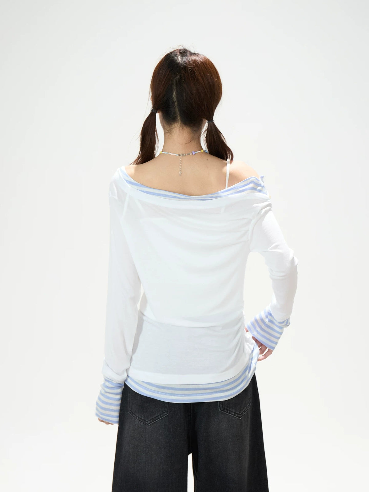 Starfish Off-Shoulder Layered Long Sleeve Top & White Wide-Leg Pants