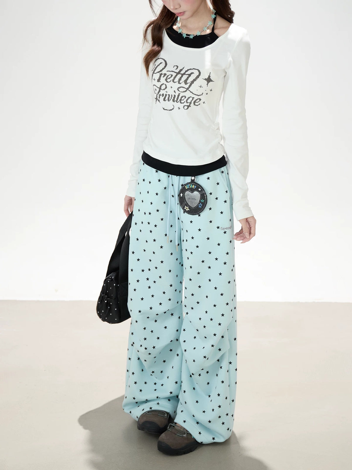 Contrast Halter Layered Long Sleeve Top & Allover Star Wide-Leg Sweatpants