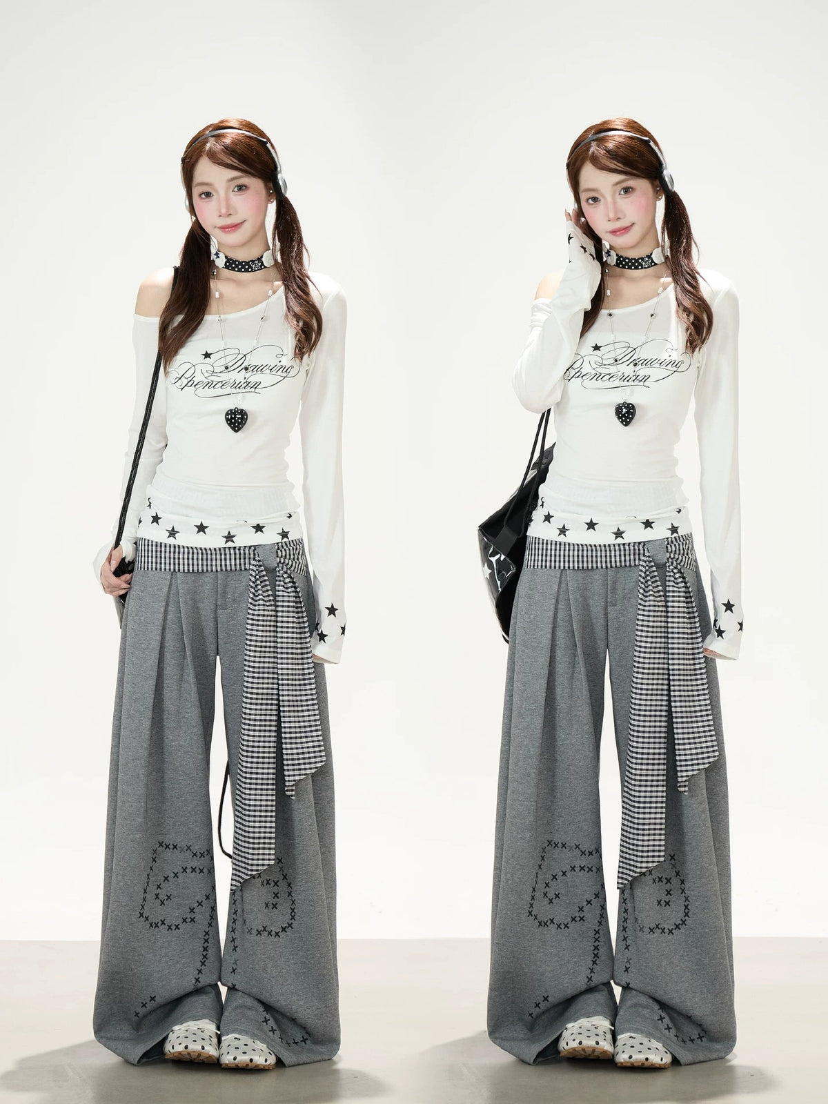 Star Letter Off-Shoulder Long Sleeve Top & Gray Graphic Wide-Leg Pants