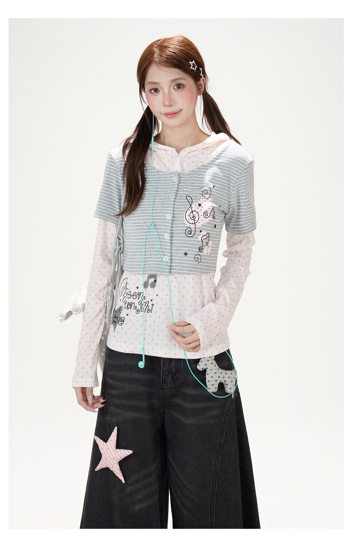 Striped Polka-Dot Layered Two-Piece Top Set & Star Patch Wide-Leg Jeans