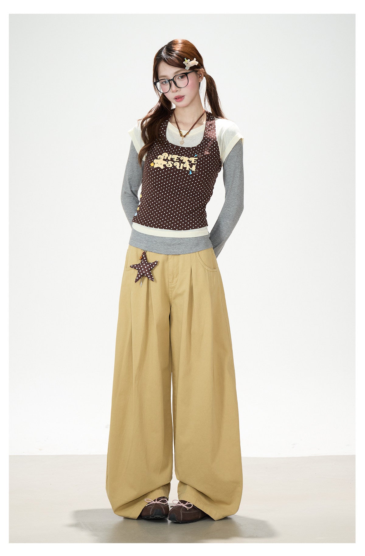 Coffee Polka-Dot Layered Long Sleeve Top