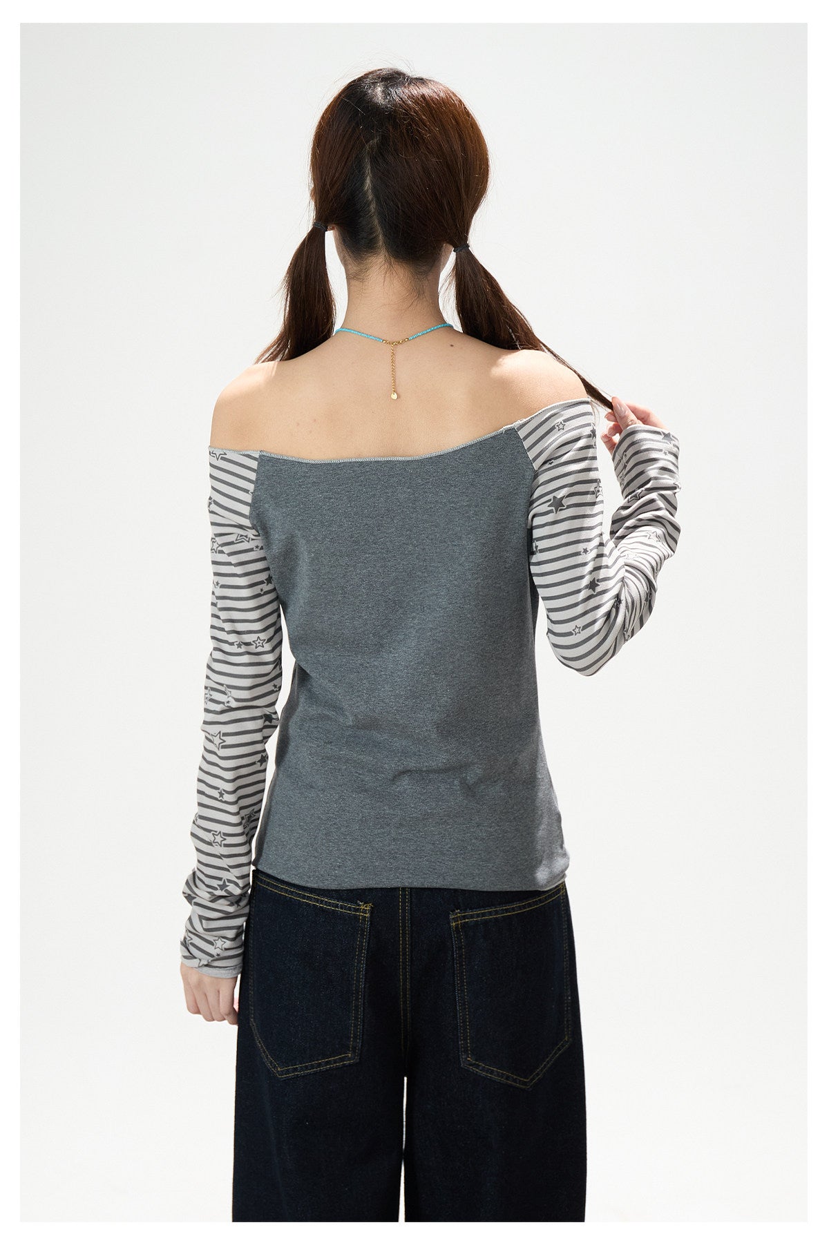 Star Stripe Off-Shoulder Long Sleeve Top & Graphic Star Wide-Leg Pants