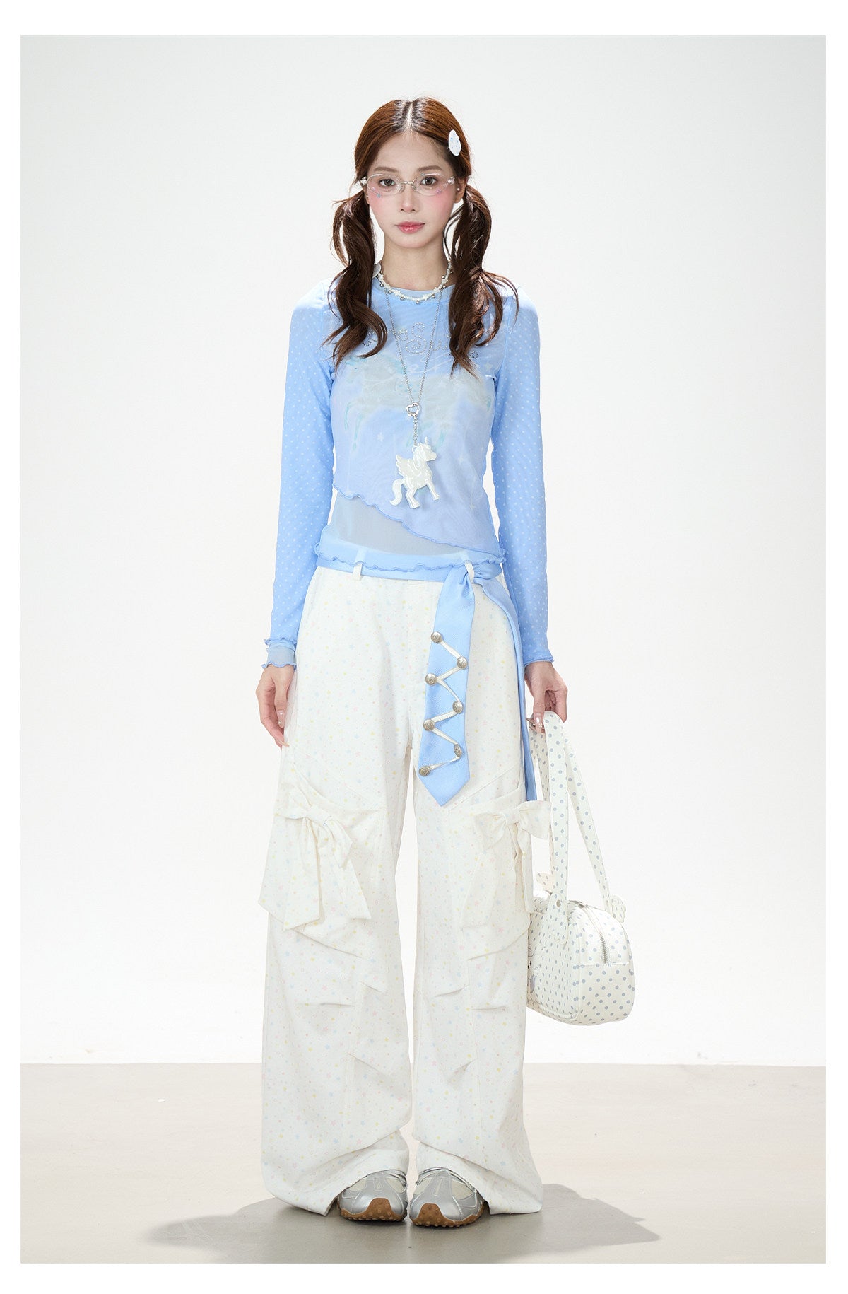 Pastel Star Bow Wide-Leg Cargo Pants
