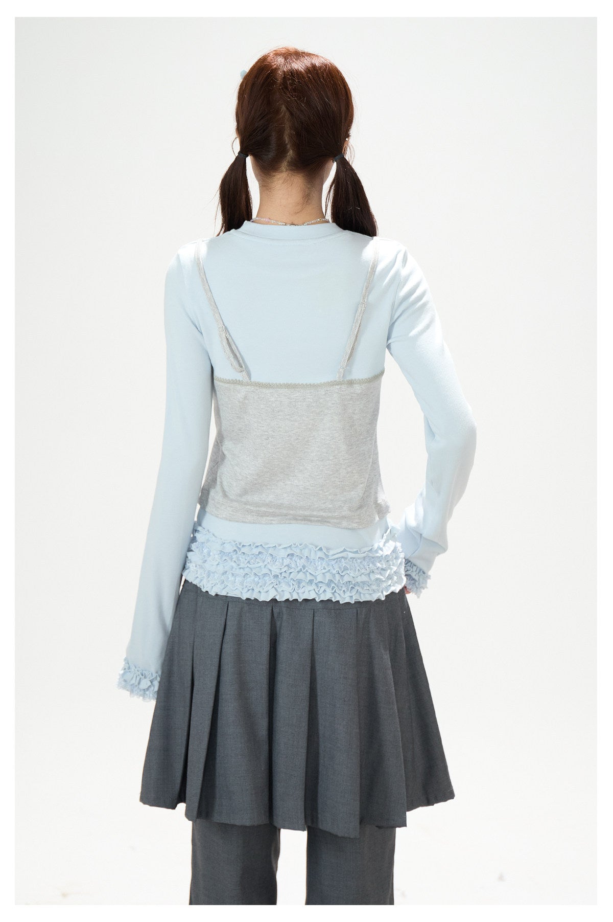 Ruffle Hem Layered Cami Long Sleeve Top & Washed Wide-Leg Jeans