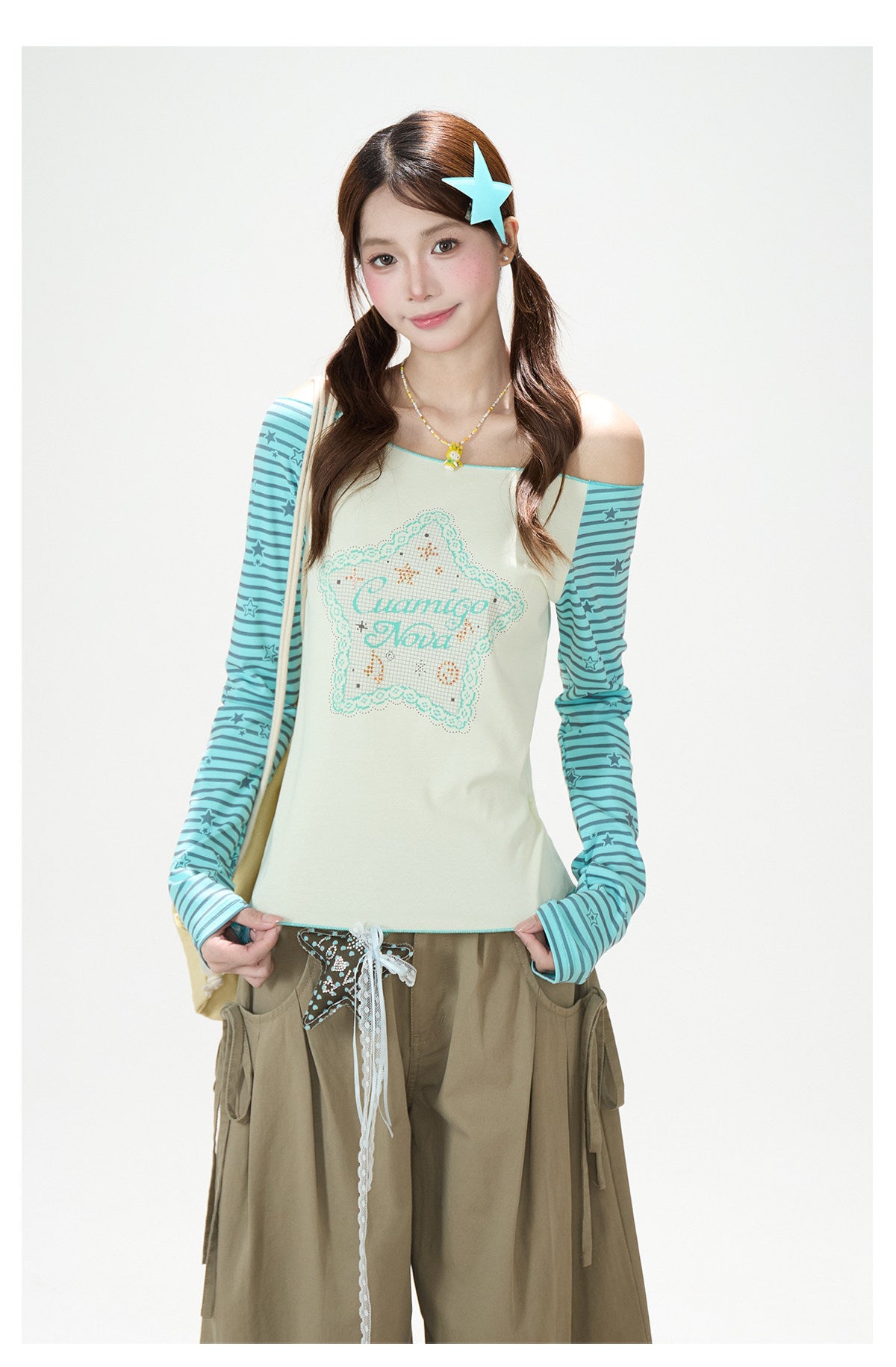 Star Stripe Off-Shoulder Long Sleeve Top & Graphic Star Wide-Leg Pants