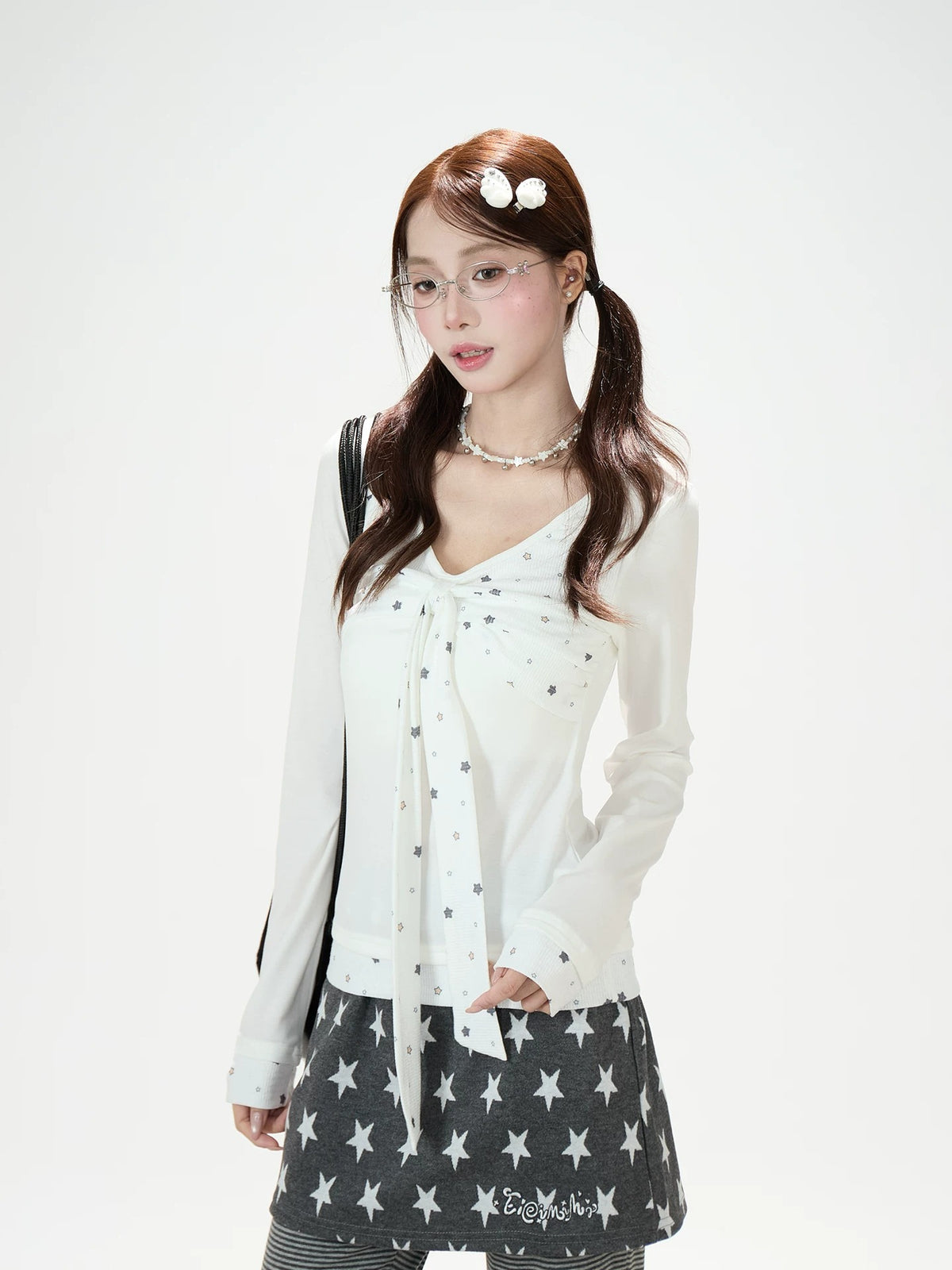 Star Bow-Tie Long Sleeve Top & Star Skirt-Layer Stripe Flared Pants