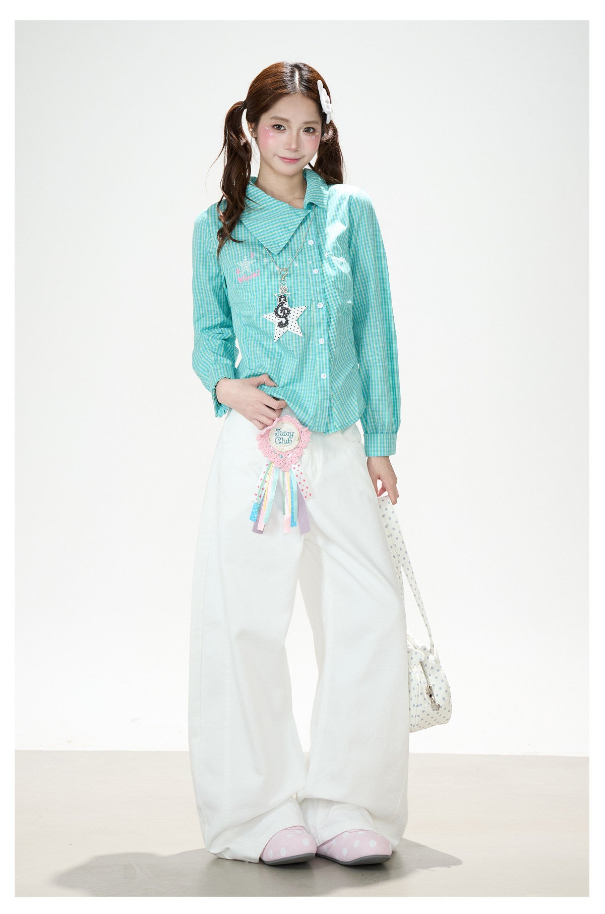 Green Check Fitted Shirt & White Wide-Leg Pants