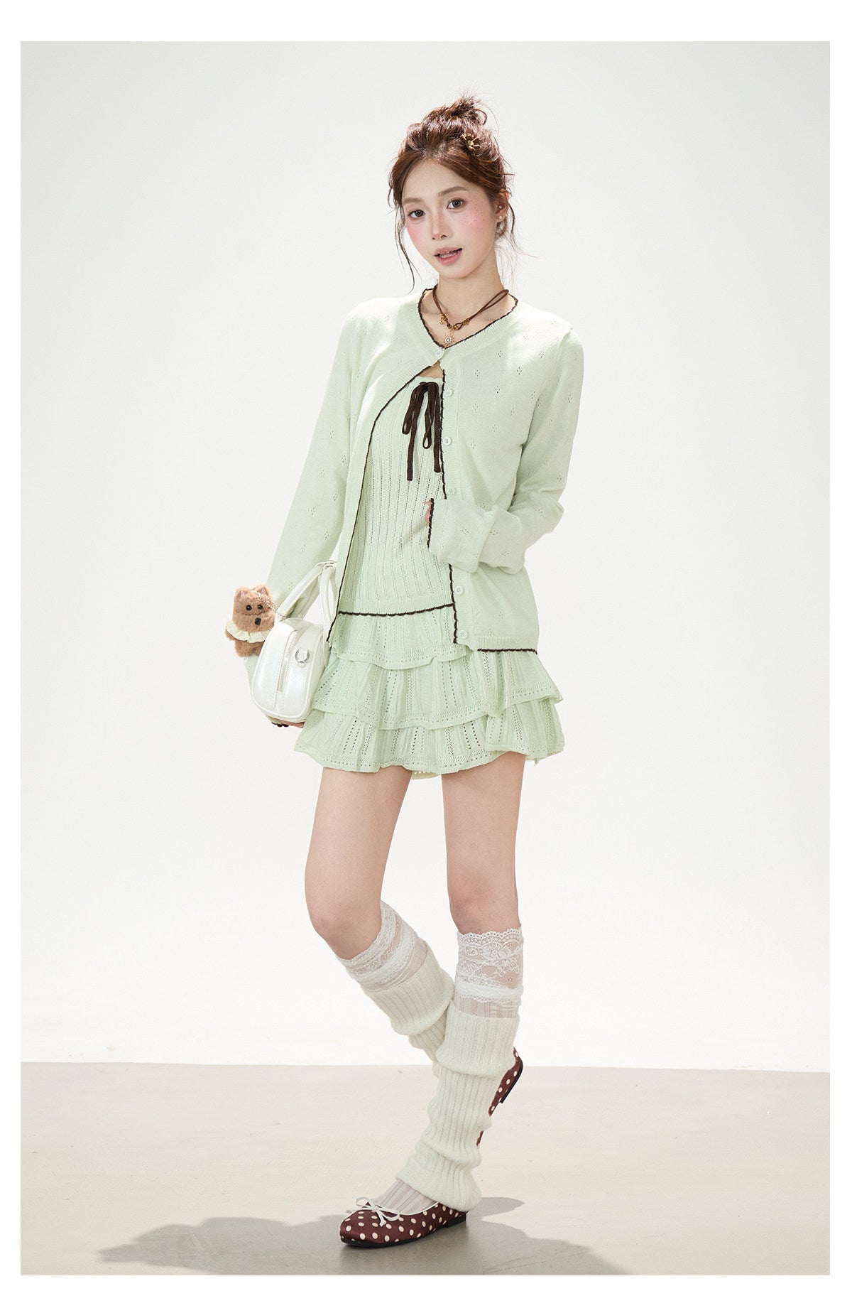 Pointelle Bow Cardigan & Cami Knit Set & Tiered Ruffle Mini Skirt