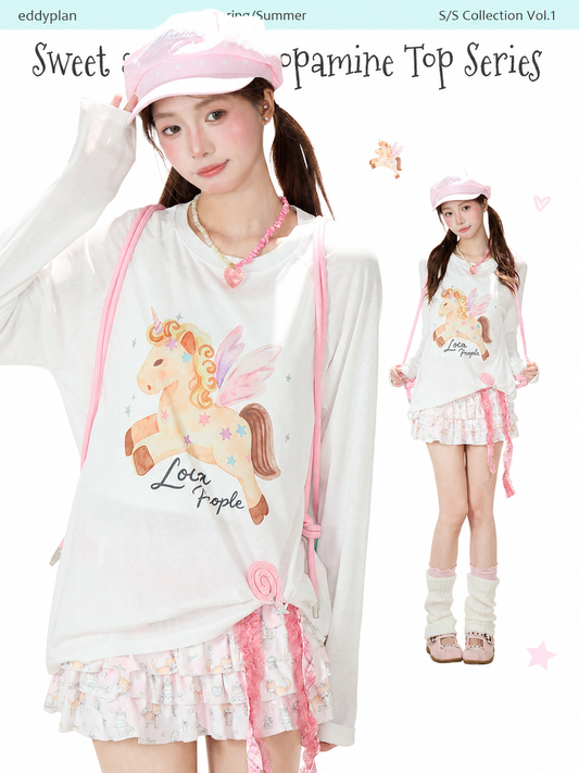 Winged Pony Graphic Long Sleeve Top & Cartoon Tiered Ruffle Mini Skirt