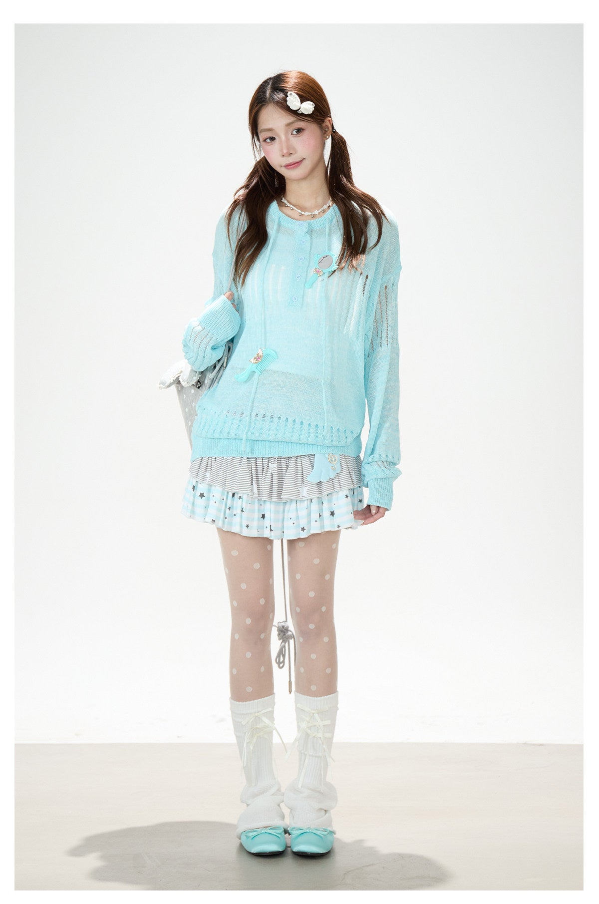 Openwork Knit Long Sleeve Top & Light Blue Layered Ruffle Mini Skirt
