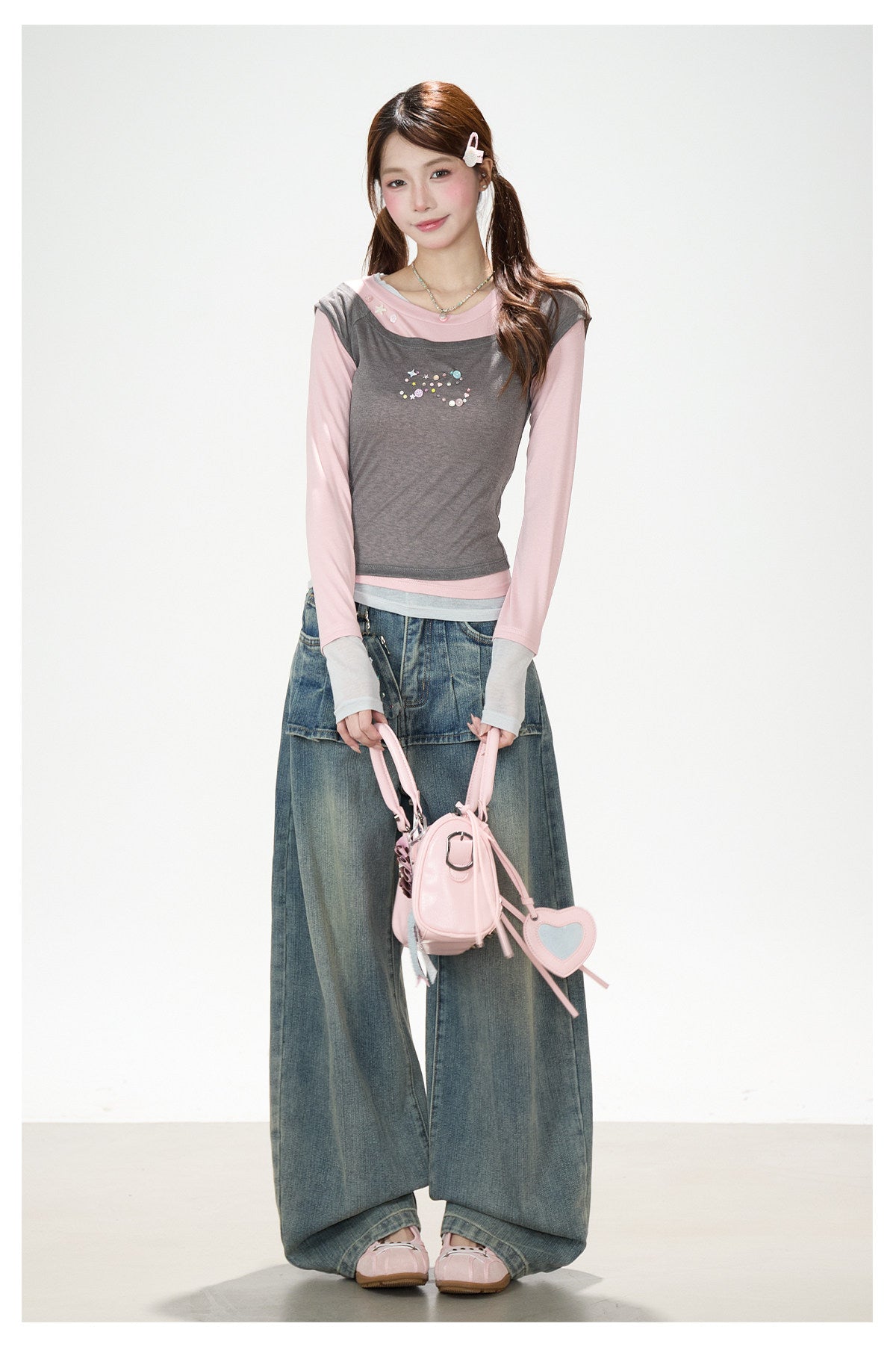 Layered Contrast Long Sleeve Top & Washed Wide-Leg Jeans