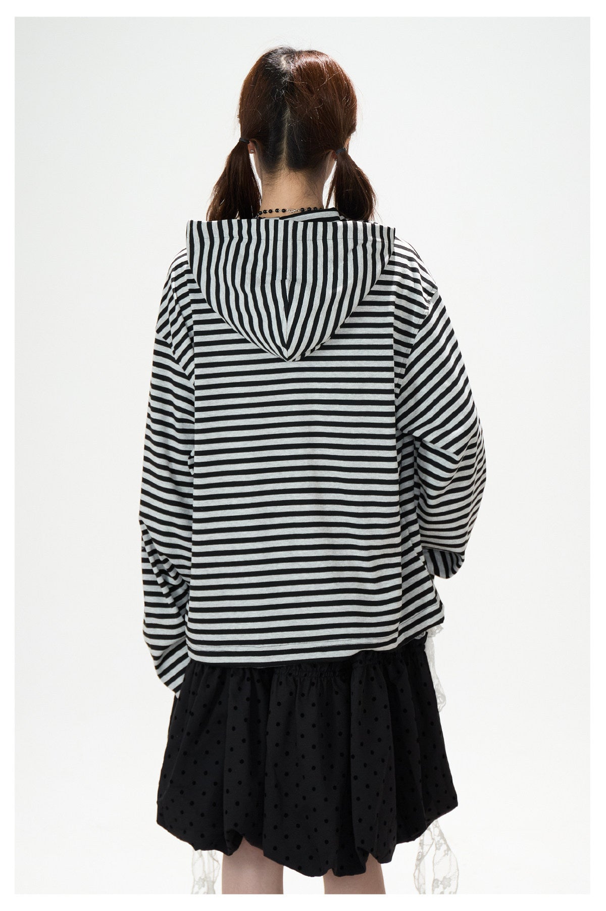Lace Cross Stripe Zip-Up Hoodie & Black Polka-Dot Ruffle Midi Skirt