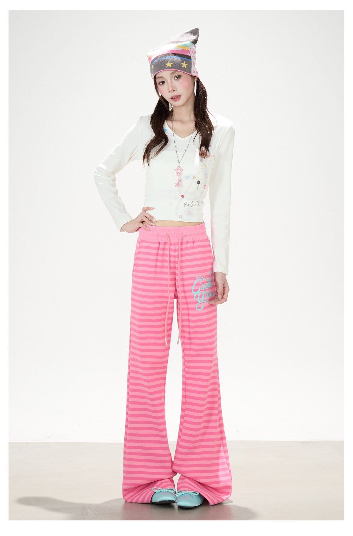 Music Note Star Button V-Neck Long Sleeve Top & Pink Stripe Wide-Leg Pants
