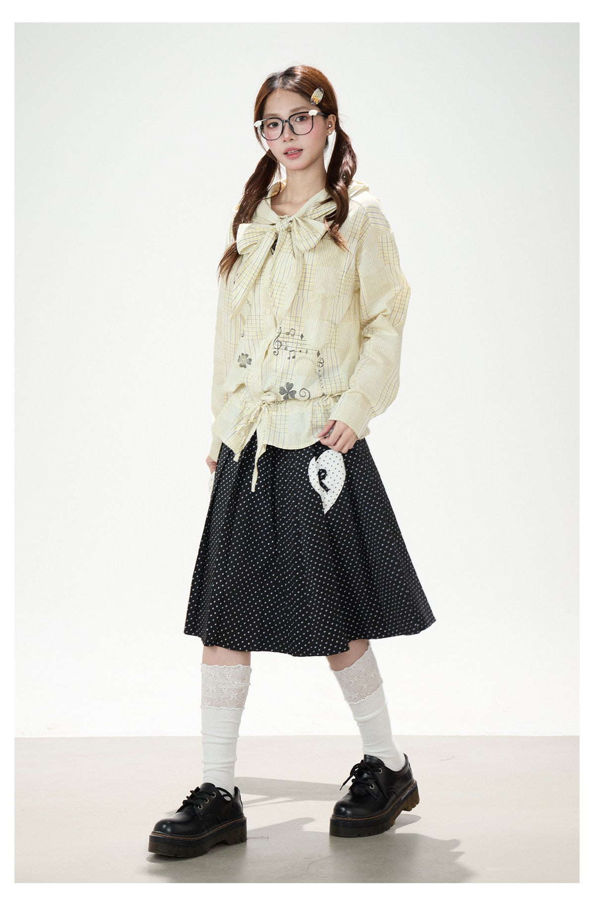 Plaid Hooded Long Sleeve Shirt & Black Polka-Dot Midi Skirt
