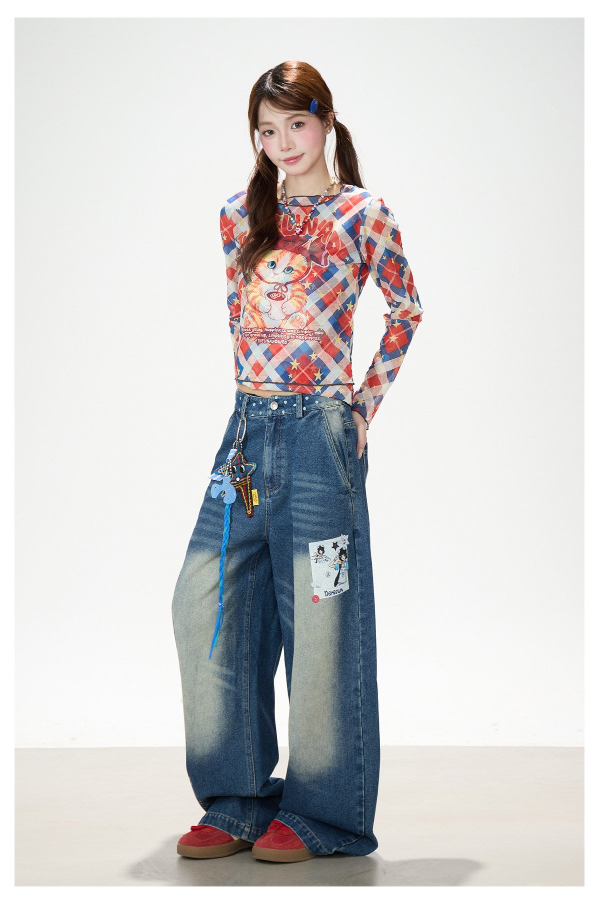 Cartoon Patch Washed Wide-Leg Jeans