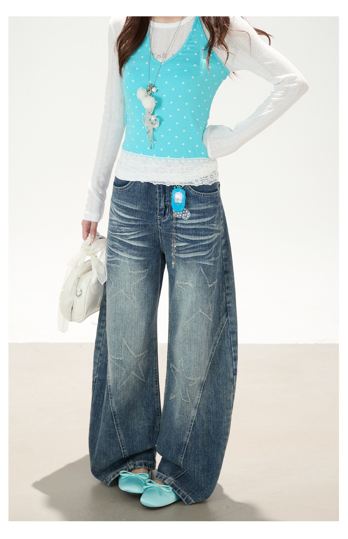 Sheer Cat Doodle Long Sleeve Top, Polka-Dot Cami & Washed Wide-Leg Jeans