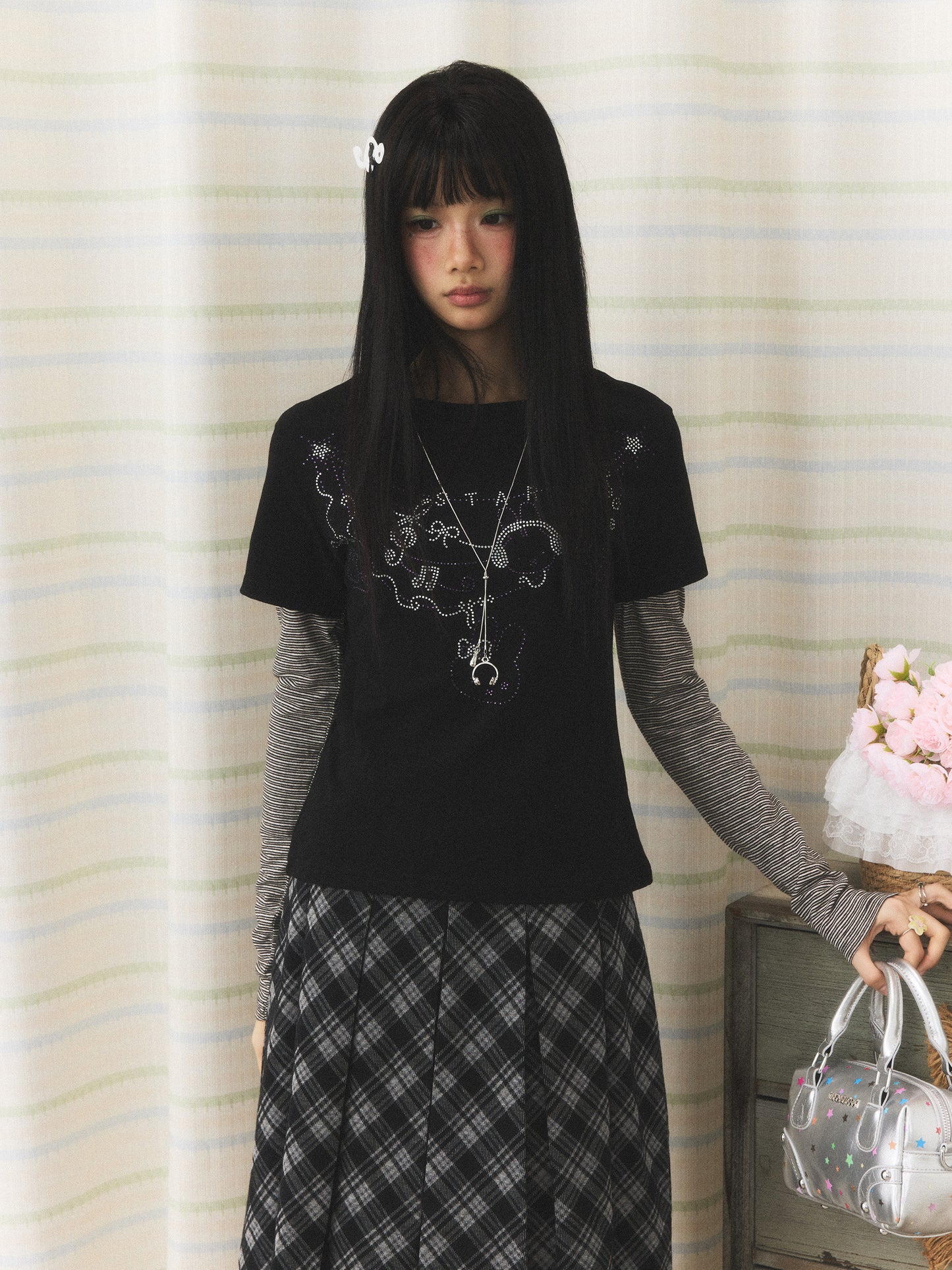 Rhinestone Melody Faux-Layer Stripe Long-Sleeve Tee