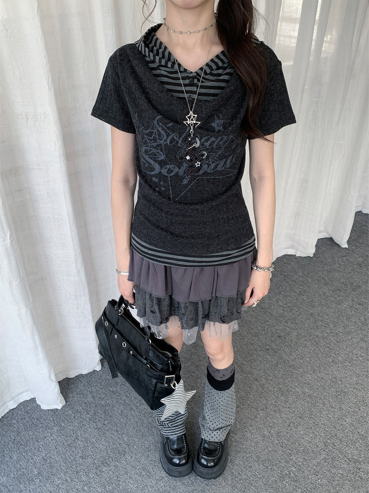 Charcoal Stripe-Layer Hooded Short Sleeve Top