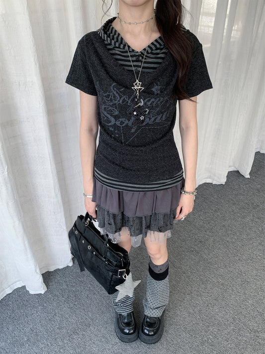 Charcoal Stripe-Layer Hooded Short Sleeve Top