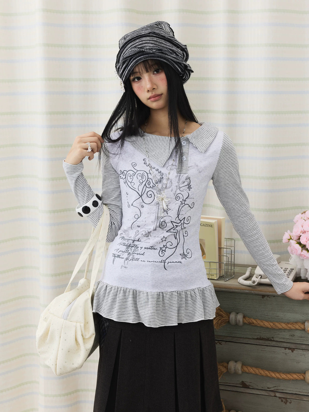 Graphic Stripe Faux-Layer Ruffle-Hem Long Sleeve Top