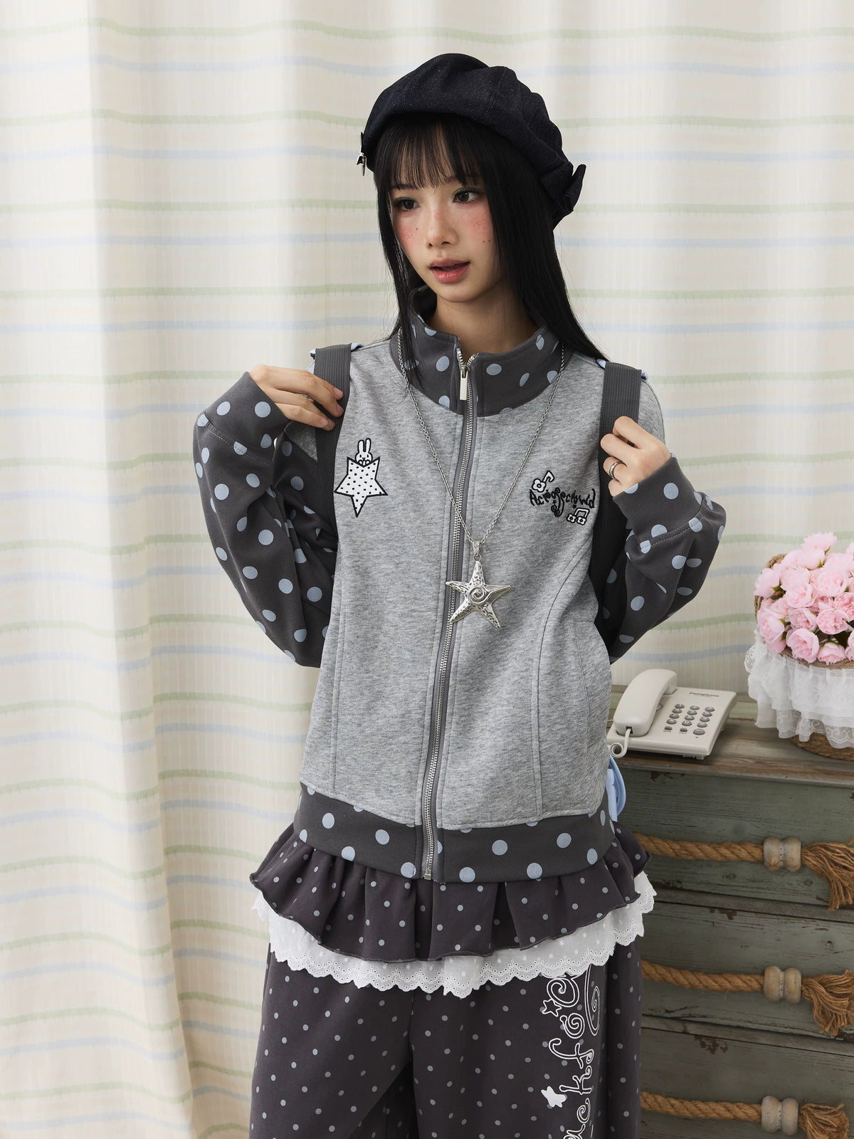 Polka Dot Contrast Embroidered Zip-Up Jacket