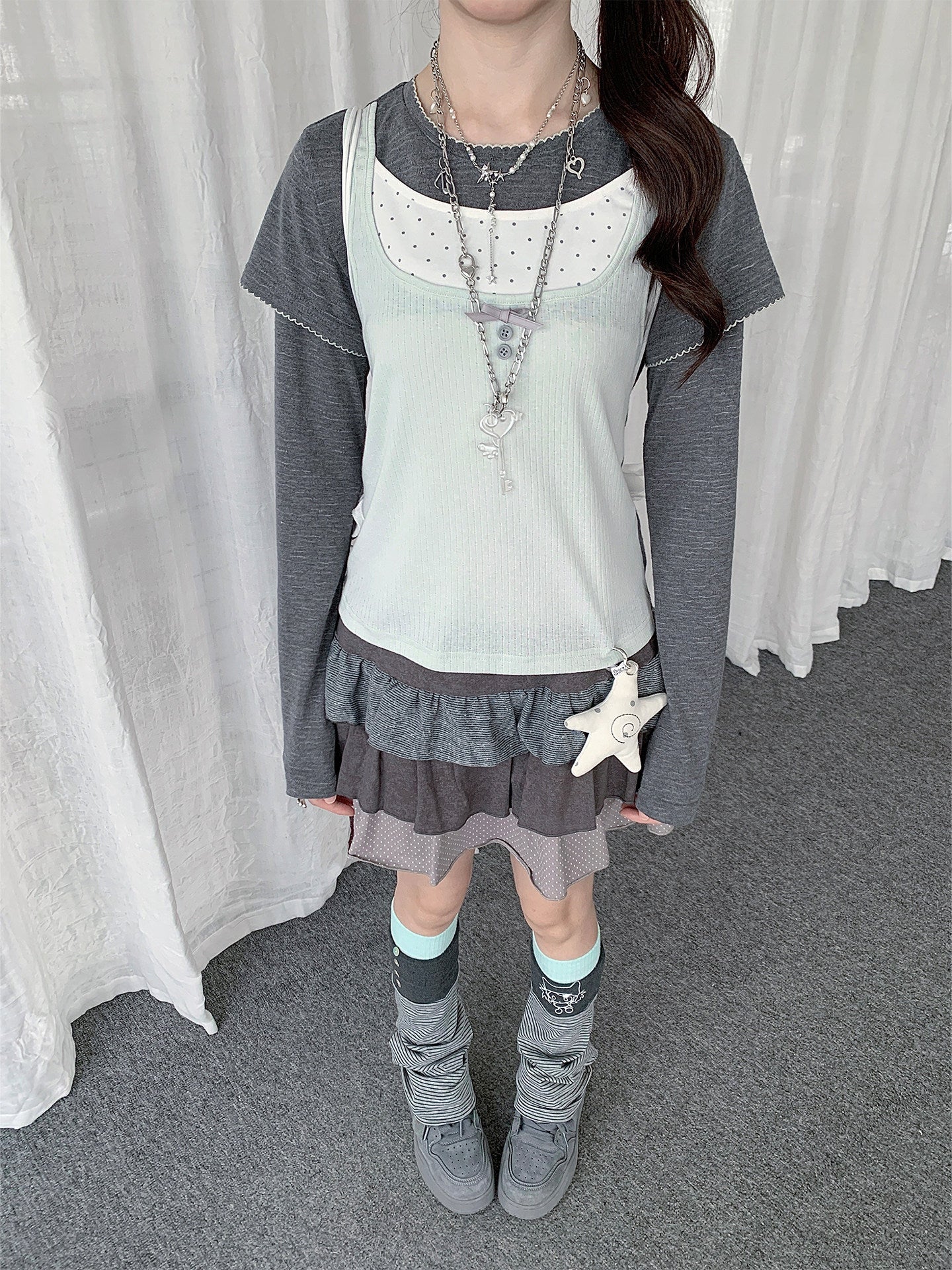 Mint Haze Faux Triple-Layer Long Sleeve Top