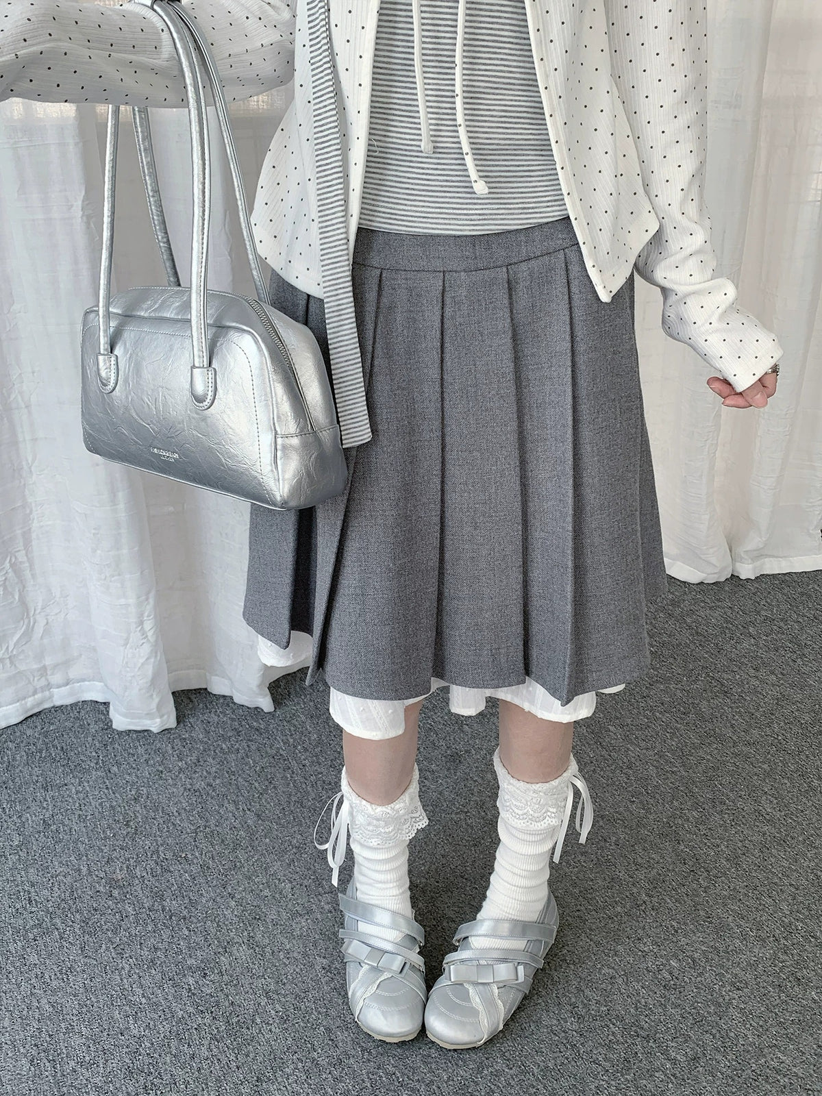 Gray Faux-Layer Pleated Midi Skirt