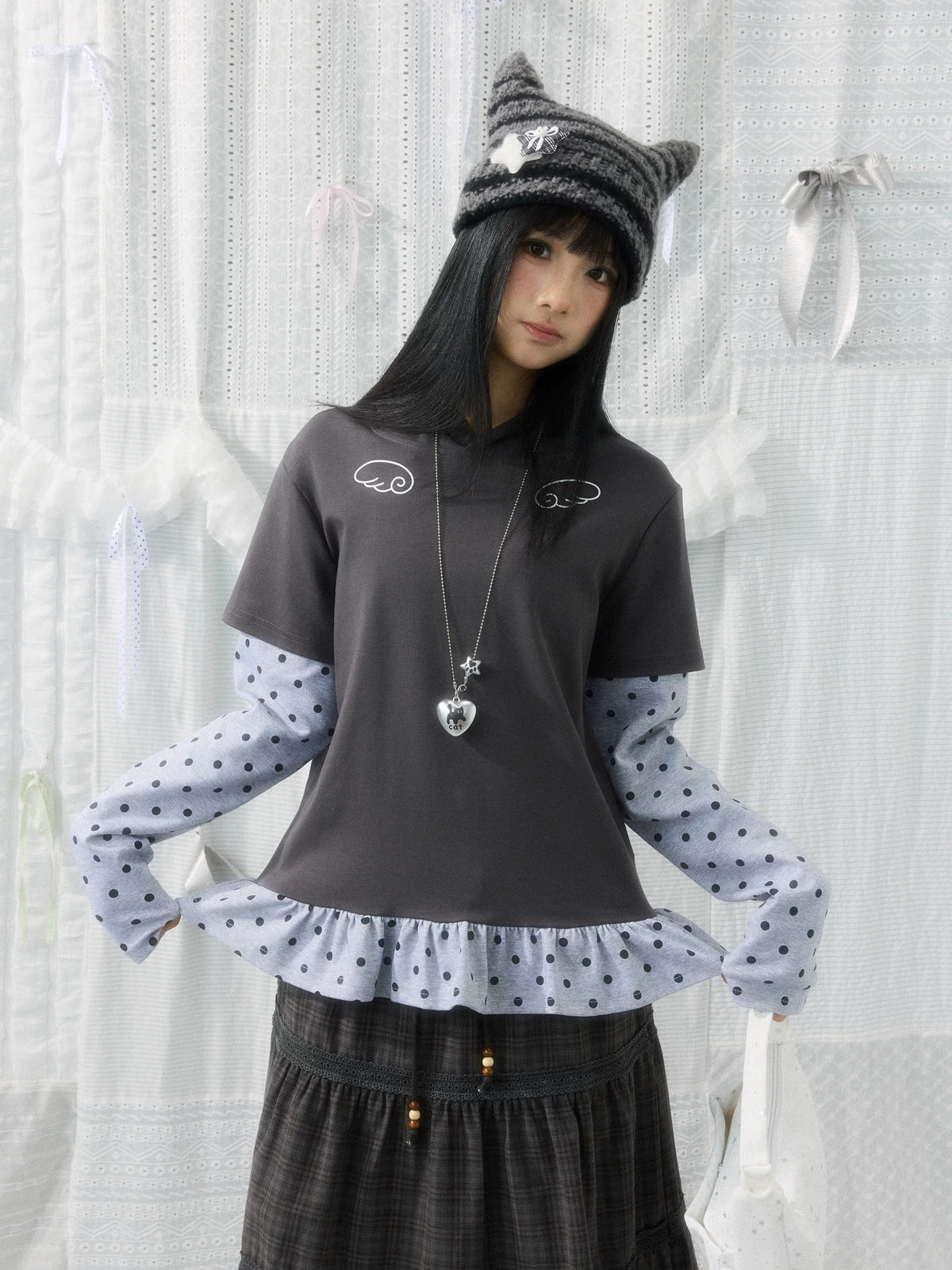Angel Wing Polka-Dot Layered Hooded Long Sleeve Top