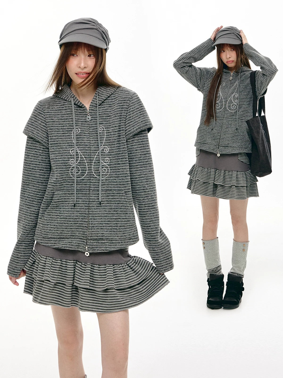 Charcoal Stripe Music Note Faux-Layer Zip Hoodie