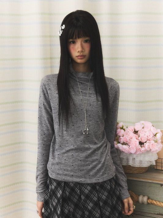 Polka Dot Mock-Neck Long Sleeve Top